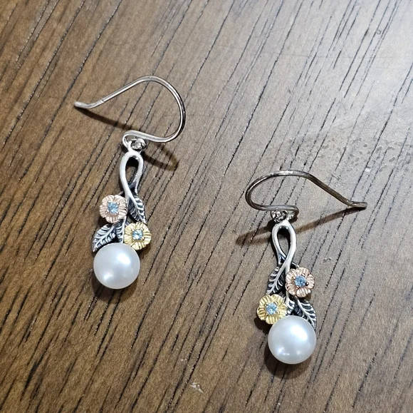 PZ Israel 925 Silver with Blue Topaz and Freshwater Pearls Drop Earrings - Picture 9 of 15